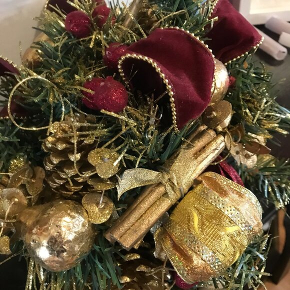 Festive Gold & Burgundy Christmas Candle Holder Centerpiece Decoration 11" tall - Picture 3 of 8